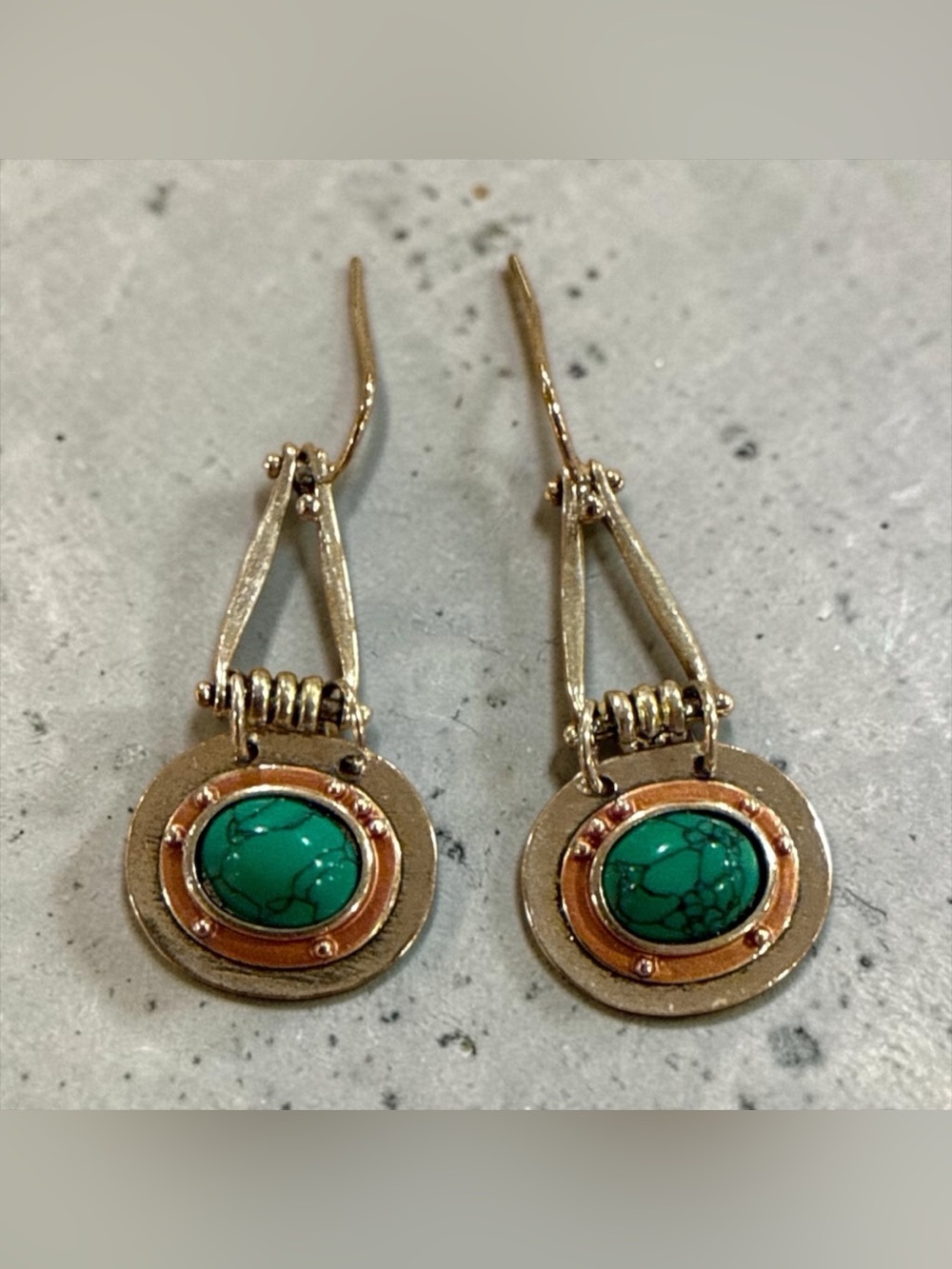 Stone, Copper, Silver Tone Drop Earrings - Picture 2 of 4